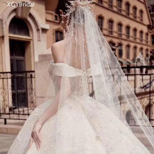 2021 New Arrival Wedding Veils Cathedral Veil 4 Menters Cut Edge Beaded Flash Drilling pearl Star-shaped Flower Lvory Champagne