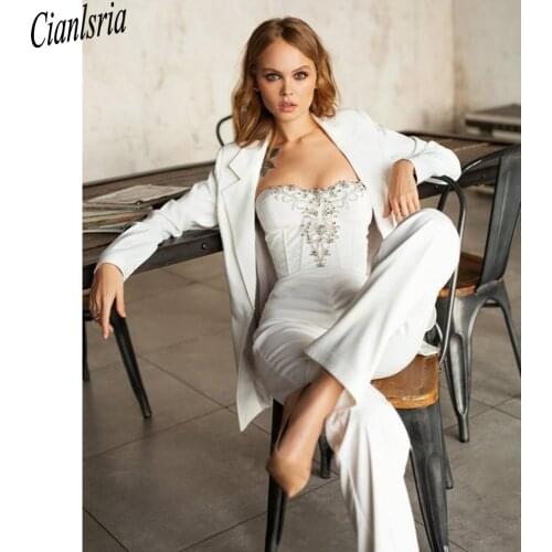 Fashion White Slim Mother of the Bride Pants Suits Women Ladies Formal Evening Party Tuxedos Formal Work Wear For Wedding 2 pcs