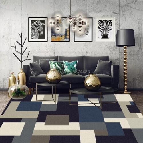 Fashion Modern Black Blue White Gray Geometric Square Splicing Living Room Bedroom Kitchen Bedside Carpet Floor Mat