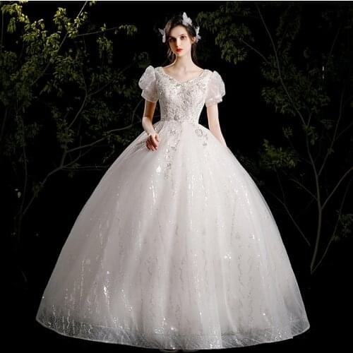 2021 New Arrival V Neck Wedding Dress Sequins Shining Lace Ball Gown Puff Sleeve Plus Size Custom Made Vestido De Noiva