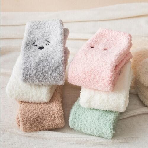 Autumn And Winter Thick Coral Velvet Female Socks New Cartoon Little Monster Embroidery Stereo Ears Half Velvet Home Sleep Socks