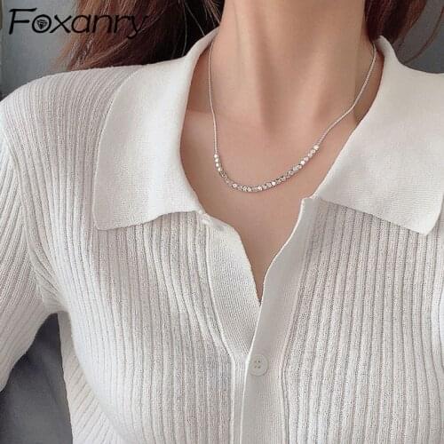 FOXANRY 925 Sterling Silver Clavicle Chain Necklace Trendy Elegant Charming Couple Simple Irregular Cube Party Jewelry for Women