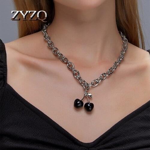 ZYZQ Black Cherry Necklace For Women Thick Chain One Word Buckle Necklace Fashion Fruit Clavicle Chain