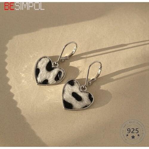 Besimpol Real s925 Silver Vintage Printed Winter Stud Earrings Elegant Party Heart Earrings For Women Anti Allergy Fine Jewelry