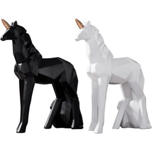 NORDIC STYLE ORIGAMI BLACK/WHITE UNICORN FIGURINE ART SCULPTURE HANDICRAFT RESIN ANIMALS STATUES HOME DECORATION GIFT R2546