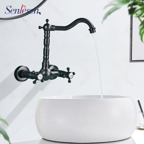 SENLESEN Basin Faucet Bathroom Mixer Tap Wall Mounted Basin Double Hands Oil Rubble Bronze Sink Faucet Hot and Cold Water