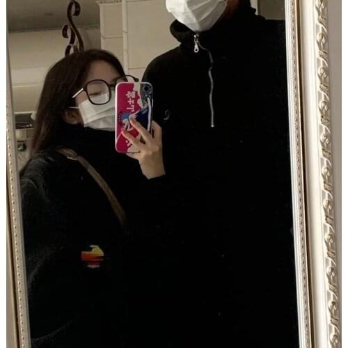 Korean fashion loose oversized casual womens sweater lamb hair plus velvet thick solid color zipper Harajuku stand-up collar