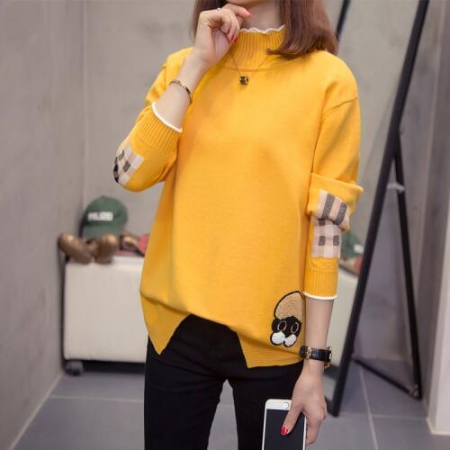 Womens Turtleneck Sweaters Autumn new Casual Tops Korean style applique pattern Long Sleeve loose Plus size knitting Pullovers