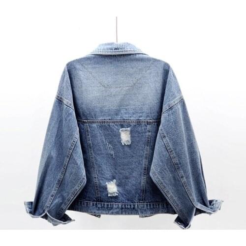 Fashion Diamond Beading Ripped Hole Denim Coat Women Spring Loose Short Outerwear Street Blue Single Breasted Cowgirl Jacket