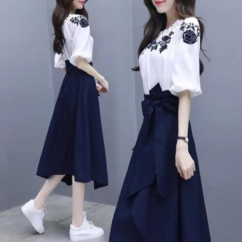 Women Embroidery Tshirts Short Sleeve White Tops + Elastic Waist Long Skirt Suit Summer Female 2 Piece Set Plus Size 3XL W2339