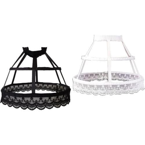 Women Retro Victorian Petticoat 2 Hoops Crinoline Lolita Fishbone Hollow Out Bird Cage Skirt Lace Wedding Bridal Underskirt Slip