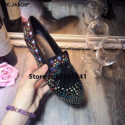 High Quality Rhinestones Women Flat Shoes Suede Women Loafers Fringe Sapato Feminino Crystal Slip On Casual Shoes Woman Flats