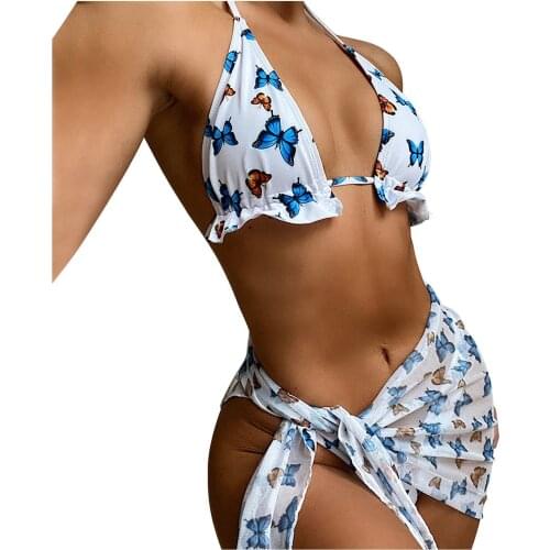 Womens Swimming Suit For Women Sexy Fashion Butterfly Print Split Sarong Yarn Beach Cover Up Three-piece Bikini Set Swimsuit