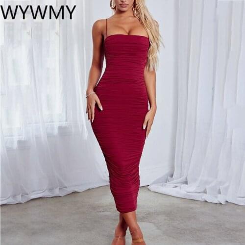 WYWMY Red Elegant Spaghetti Strap Long Dress 2021 Summer Women Sexy Backless Bodycon Midi Dress Satin Ruched Party Club Dress