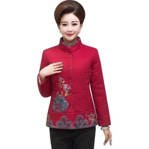 Winter Middle-aged Mother Thick Warm Outerwear Womens Cotton Coat Female Short embroidered Casual Loose Plus Size Parka R636