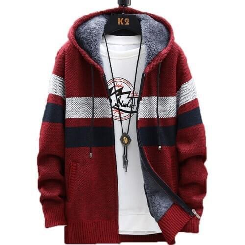 2020 Autumn Casual Striped Hooded Cardigan Men Sweater Slim Fit Wool Coats Winter Clothes Korean Knitwear M-3XL