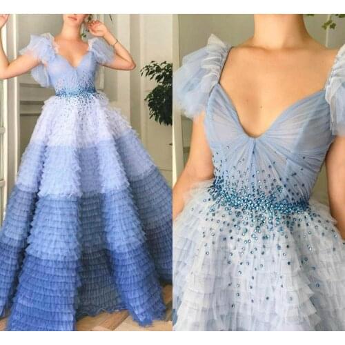 2020 Beaded Prom Dresses V Neck A Line Tiered Skirts Cap Sleeve Vestidos De Fiesta De Noche Luxury Evening Dress