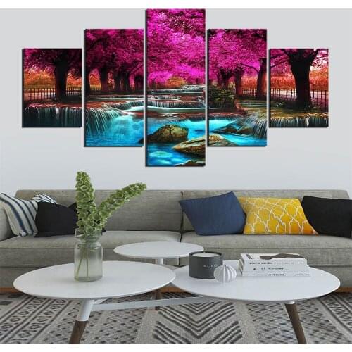5 Panels Forest Waterfall Landscape Canvas Painting Posters and Prints Wall Art Picture for Living Room