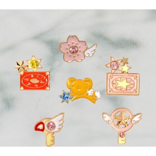 6pcs/set Cute Pink Card Captor Sakura Kero Sword Kinomoto Star Wand Key Enamel Pin Lapel Pin Badge Japanese Anime collection