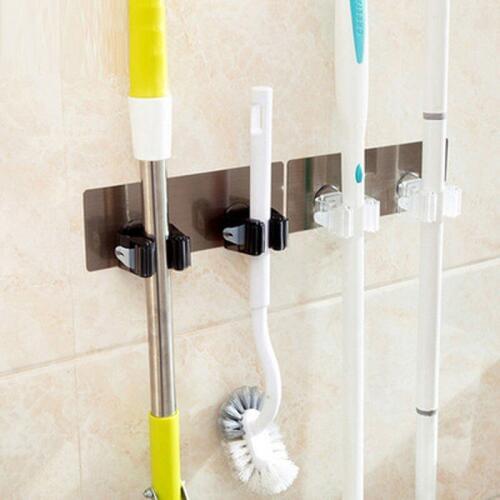 Dual Rack Wall Mounted Mop Bar Holder Rack Adjustable Clip Self Adhesive Broom Brush Holder Umbrella Handle Hanger Hook 2019