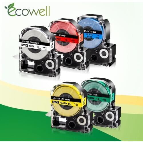 Ecowell 18mm label tape SS18KW LC-5WBN compatible for Epson LW-600P LW-500 LW-C410 LW-400 label Makers 5pcs SC18RW SC18YW SC18BW