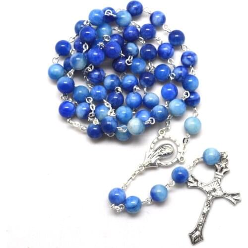 Catholic Rosary 8 mm Blue Stone Beads Pray Necklaces for Man