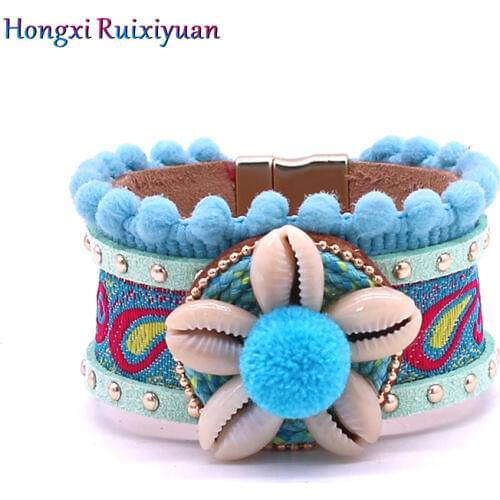 Fashion bracelet bohemian shell flowers bracelets for women ethnic wind hair ball lace leather magnetic buckle bracelet jewelry