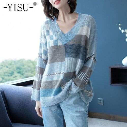 YISU Autumn Winter Knitted Sweater Women loose Plaid mohair pullover Women fashion Hole design top Mohair sweater Women