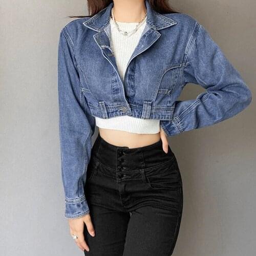 Autumn Womens Denim Jacket Female Turn-down Collar Short Jean Jackets Ladies Casual Fashion Button Streetwear Solid Coats