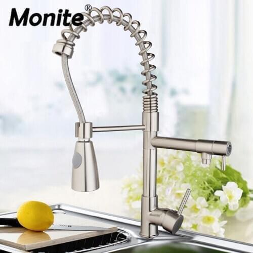 Monite Luxury Solid Brass Kitchen Faucet Mixer Tap Nickel Brush Deck Mount 1 Handle Spring Pull Out Spray Kitchen Basin Sink Tap
