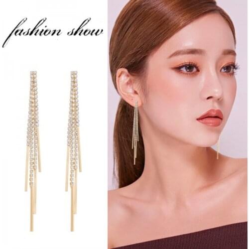 Vintage Gold Bar Long Thread Tassel Drop Earrings 2021 New for Women Luxurious Geometric Diamonds Korean Earring Fashion Jewelry