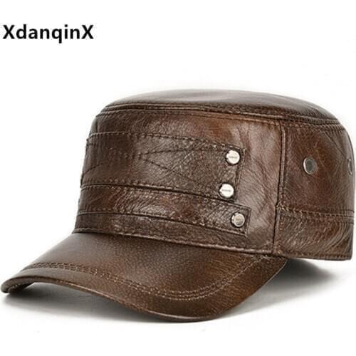 XdanqinX Middle-aged Men Genuine Leather Cap Mens Flat Cap Military Hats Natural Cowhide Caps Adjustable Size Winter Warm Hat