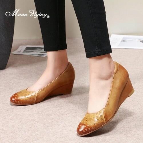 Mona Flying Women‘s Premium Leather Wedge Pumps autumn Shoes Slip-on Handmade Round-Toe High Heel Dress for Ladies New 078-B75