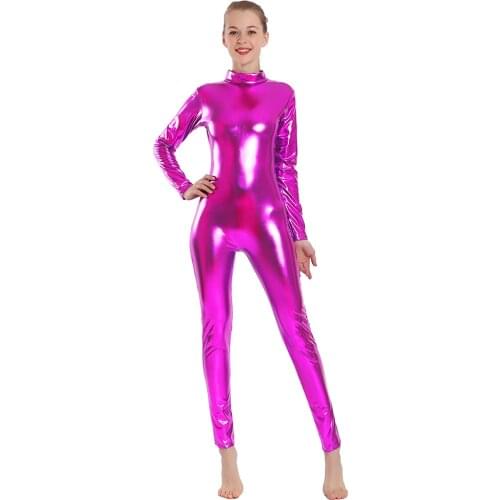 Aoylisey Women Shiny Metallic Unitard Turtle Neck Long Sleeve Footless Cosplay Zentai Suit Adult Hollween Catsuit Dance Wear