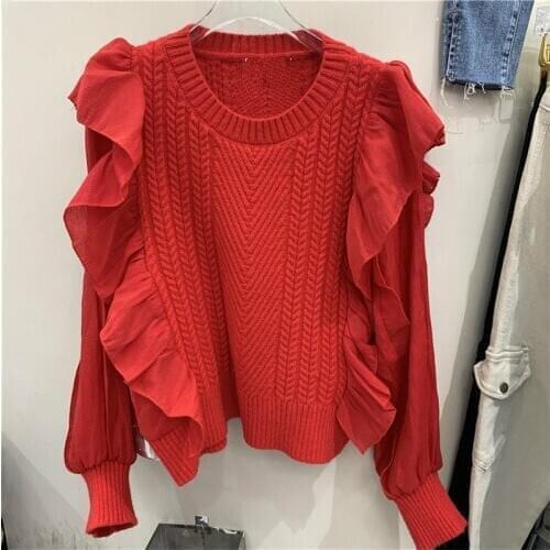 New Fashion Lantern Sleeve Round Neck Patchwork Ruffled Knitwear Sweater Womens Slim Fit Jumper Ladies Short Pullovers
