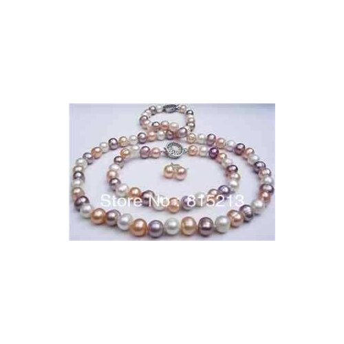 For women sterling--jewelry Exquisite Multicolor Freshwater Pearl beads Necklace 7-8mm bracelet earrings