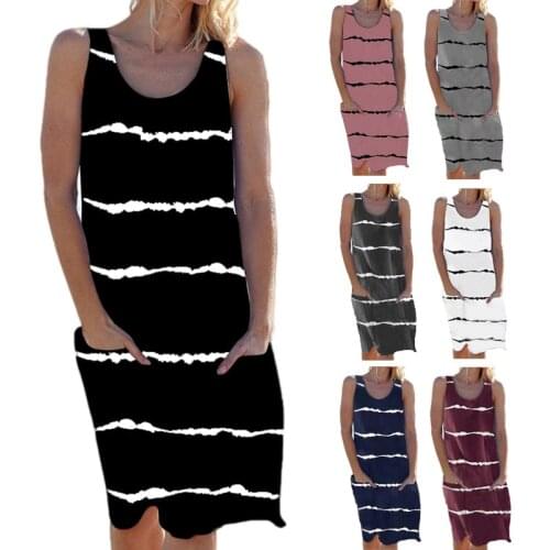Female Striped Print Pockets Vest Dress Women Summer 2021 Sleeveless O-Neck Loose Casual Mini Dresses Beach Party Dress Vestidos