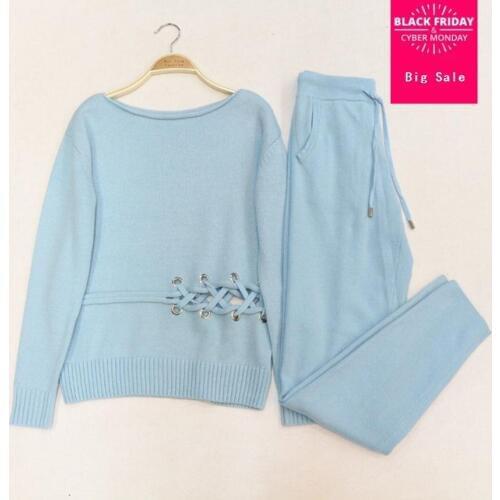 Winter Woolen and Cashmere Straps stitch Knitted warm Suit roud Collar Sweater + Mink Cashmere Trousers Leisure Two-piece wj1274