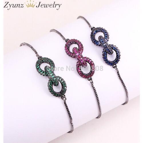 5PCS ZYZ325-9661 Mix Color CZ Pave On Black Micro Pave Chain Shaped Connector Bracelets, Cubic Zirconia Oval Link Connector
