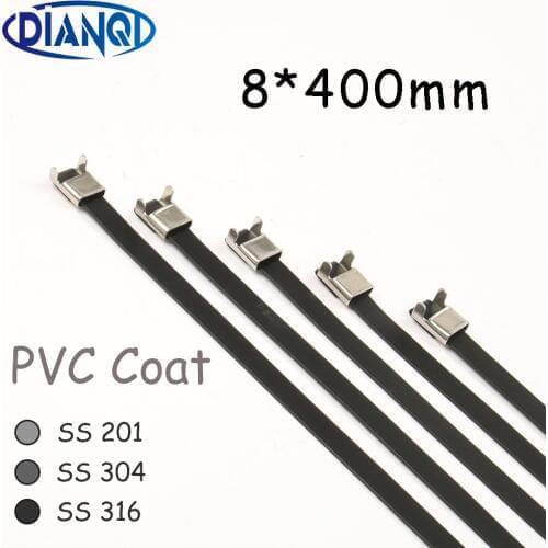 8*400 8mm 8* 400 Stainless Steel Zip PVC coating Strong Stainless Steel Grade Metal Cable Ties Zip Tie Wraps