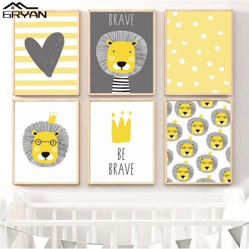 Be Brave Motivate Quote Nursery Canvas Prints Painting Cartoon Lion Love Crown Poster Wall Art Pictures Decor for Kids Baby Room