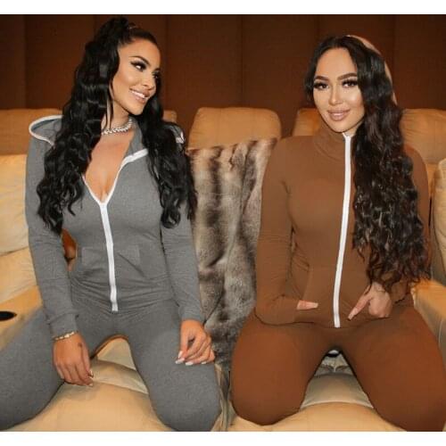 Cutubly Zipper Hooded Jumpsuits For Women Autumn Winter Fashion Long Sleeve Sexy Jumpsuit Outfits Pocket Patchwork Romper
