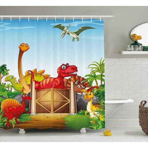 Kids Shower Curtain Cartoon Style Cute Dinosaurs in a Dino Park Jungle Trees Wildlife Habitat Illustration Bath Curtains