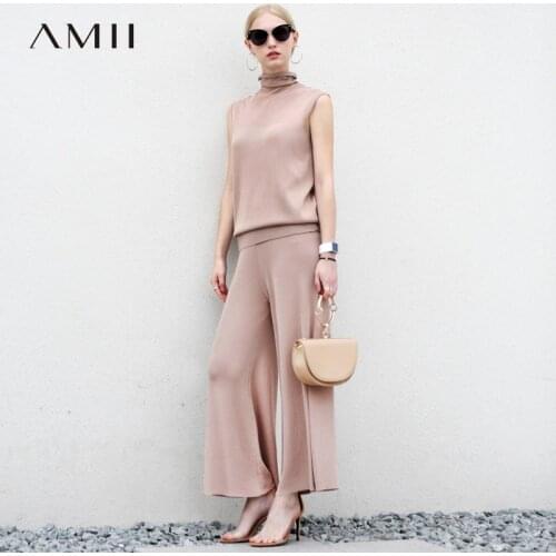 Amii Minimalism Summer Knitted Womens Tops Causal Turtleneck Slim Fit Womens Tshirt Solid Loose Womens Pants 11890003