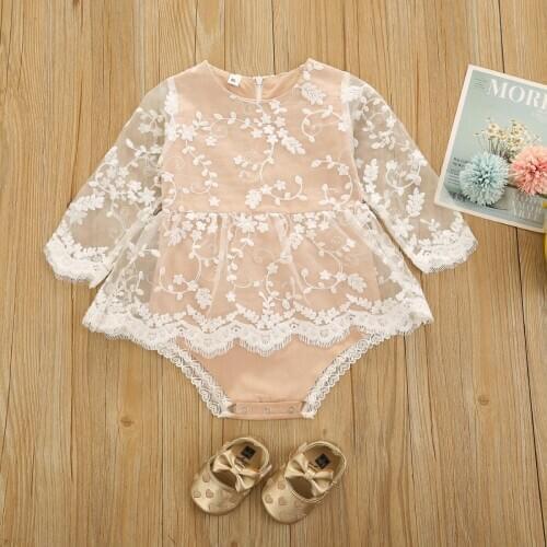 Lace Romper Baby Girl Clothes Fashion Long-sleeved Jumpsuits Fresh Solid Color Lace Stitching Skirt Triangle Romper