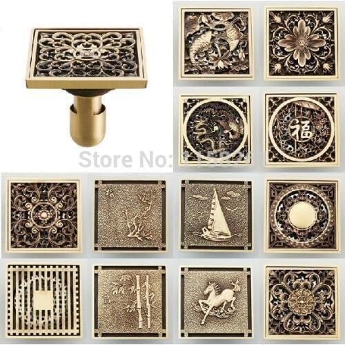 Brass Drains 10*10cm Antique Brass Shower Floor Drain Cover Euro Art Carved Bathroom Deodorant Drain Strainer Waste Grate