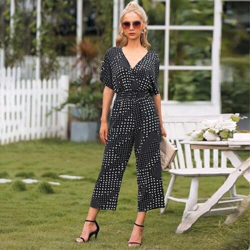 Summer Womens Jumpsuits Polka Dots V Neck Short Sleeve Casual Loose Elegant Jumpsuit Overalls For Women Combinaison Pantalon