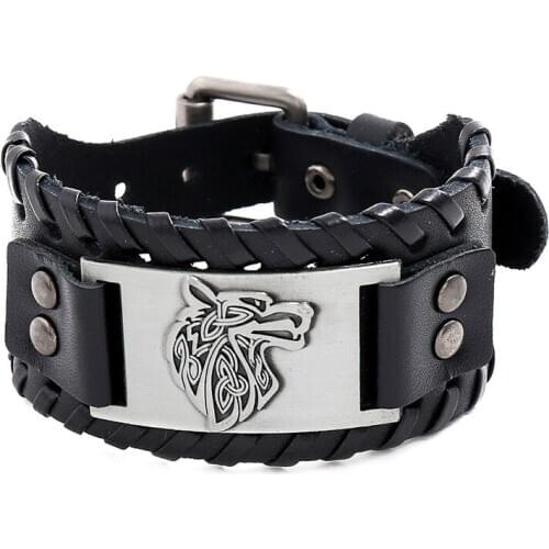 Fashion Punk Wide Leather Bracelet With Animal Wolf Head Popular Accessories Wide Men Bracelets Jewelry Wristband
