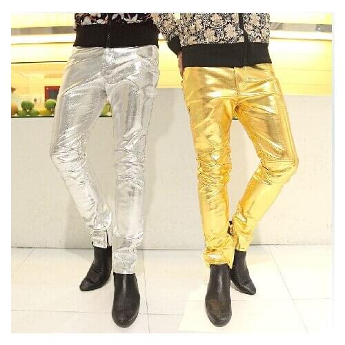 Mens PU Leather Pants Personalized Tights Motorcycle Slim Pants Slim Leggings Gold Silver Leather Pants