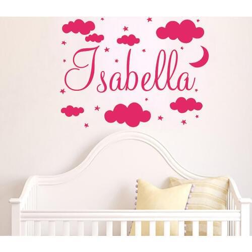 Wall Decal Girl Name Nursery Wall Stickers Clouds Moon Star Vinyl Art Nursery Baby Girl Sticker Wallpaper Cute Home Decor D260